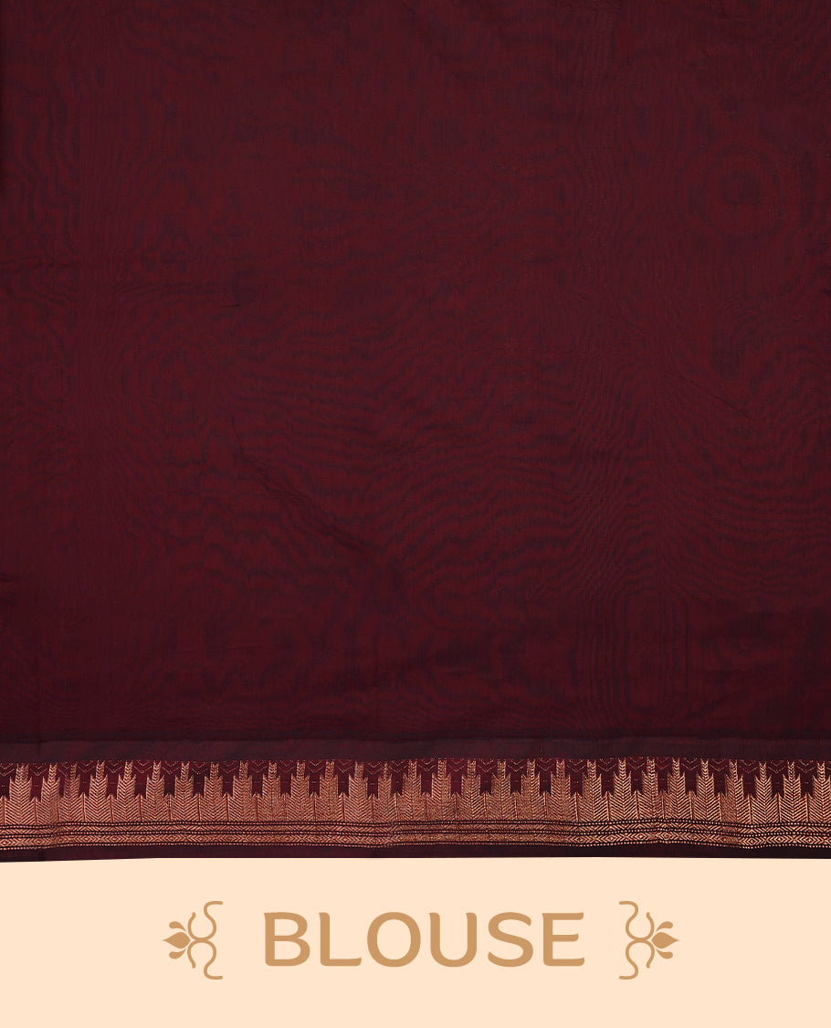 Peacock Green colour mixed Kalyani cotton saree featuring Plain body, paired with Maroon colour traditional border and pallu, with matching blouse