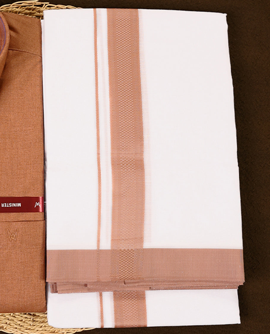 Copper brown full sleeve shirt and white dhoti set featuring a coordinated copper brown zari border designed for a stylish and traditional look ideal for festive and cultural occasions