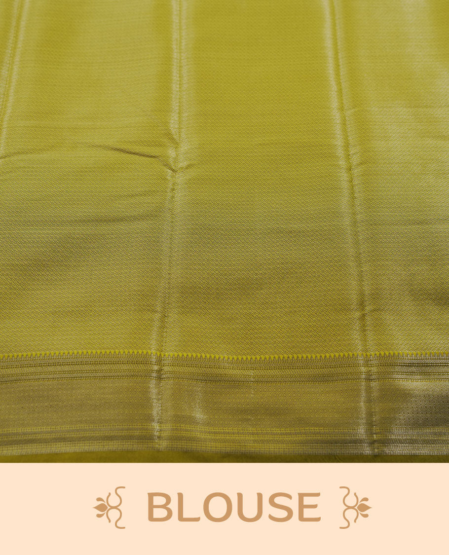 Olive colour semi silk saree featuring neem zari Brocade geometric Pattern all over the body, complemented by a Self Colour woven border with detailing, Pallu & blouse.