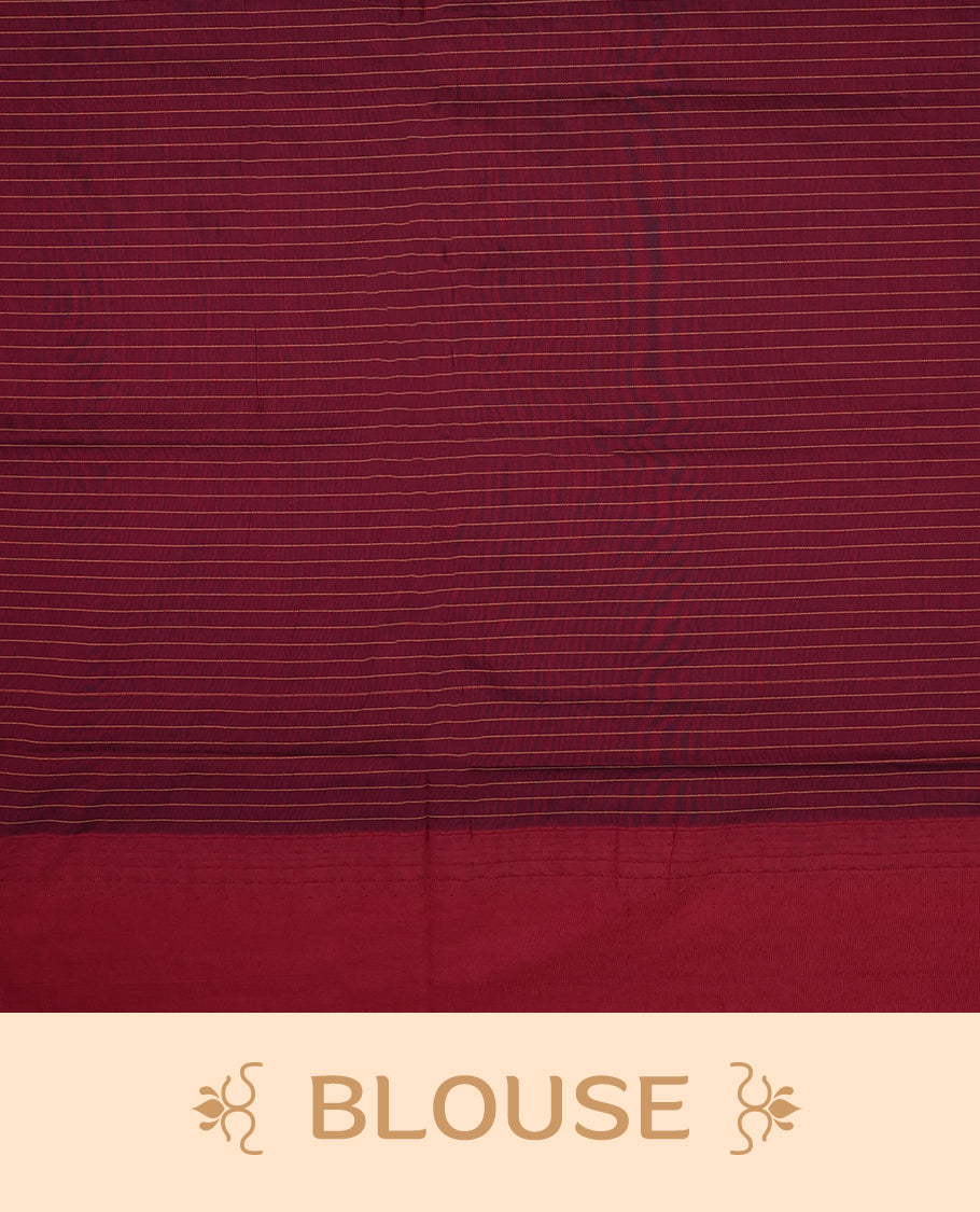 Grass Green colour mixed Kalyani cotton saree featuring mustard colour Checks throughout the body, paired with a Maroon colour traditional border and pallu, with matching blouse