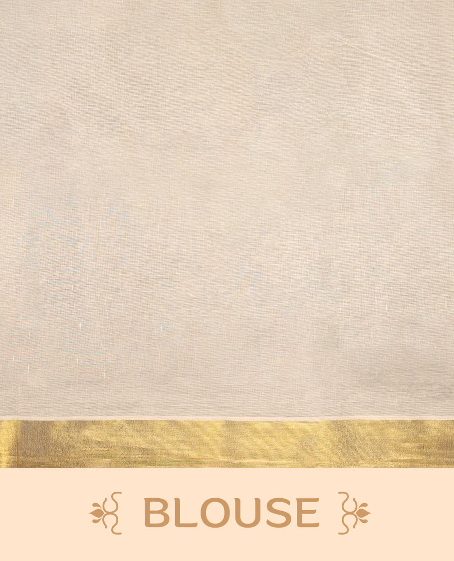 Light Gold colour Cotton Kerala saree featuring Plain body and a beautifully woven Gold Kasavu border with Heavy Green and Pink colour Floral embroidery work, paired with a matching blouse perfect for festive occasions.