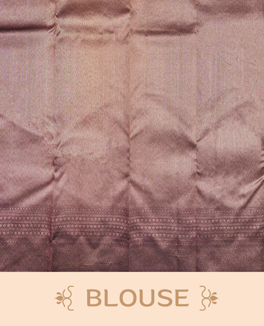 Coffee Brown colour Kanchipuram pattern Manthrakodi saree featuring geometric antique zari jacquard pattern, geometric zari border and zari jaquard blouse piece.