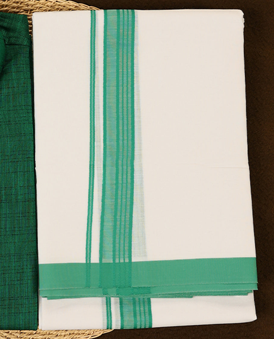 Dark green short kurta and white dhoti set featuring a matching green zari border designed for a graceful and ethnic appearance perfect for festive and traditional occasions