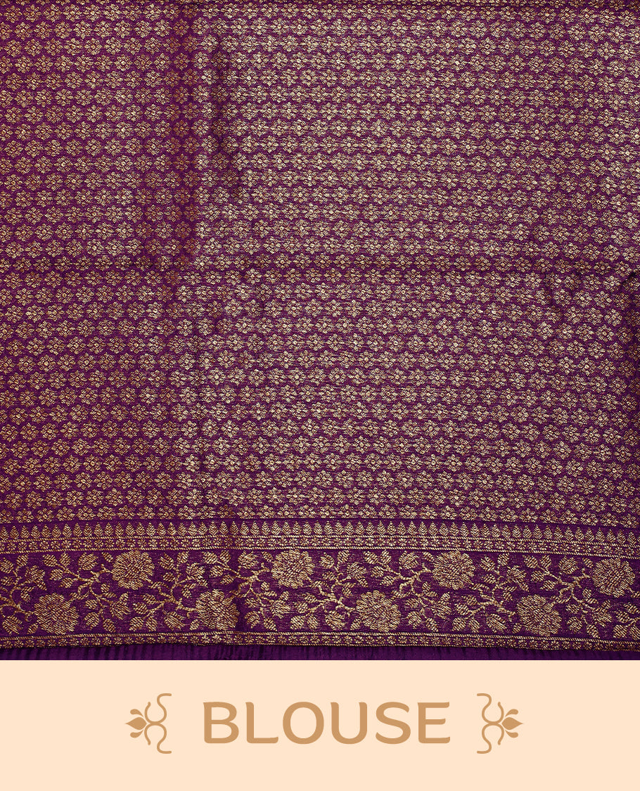 Purple colour Tussar Banaras saree featuring a plain body, rich floral woven zari border and grand pallu, paired with a matching blouse for an elegant and regal traditional look.