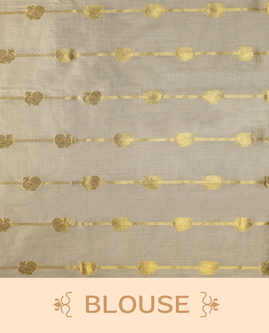 Elegant off white colour cotton Kerala saree featuring a gold Zari stripes with peacock motifs on body, with Blue colour tassels offering a classic and graceful look, paired with a matching blouse.