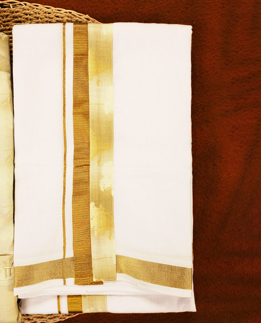Deep Mustard colour MCR full sleeve shirt featuring all over abstract prints, paired with a white dhoti adorned with a rich golden zari kara and a matching deep Mustard printed border.