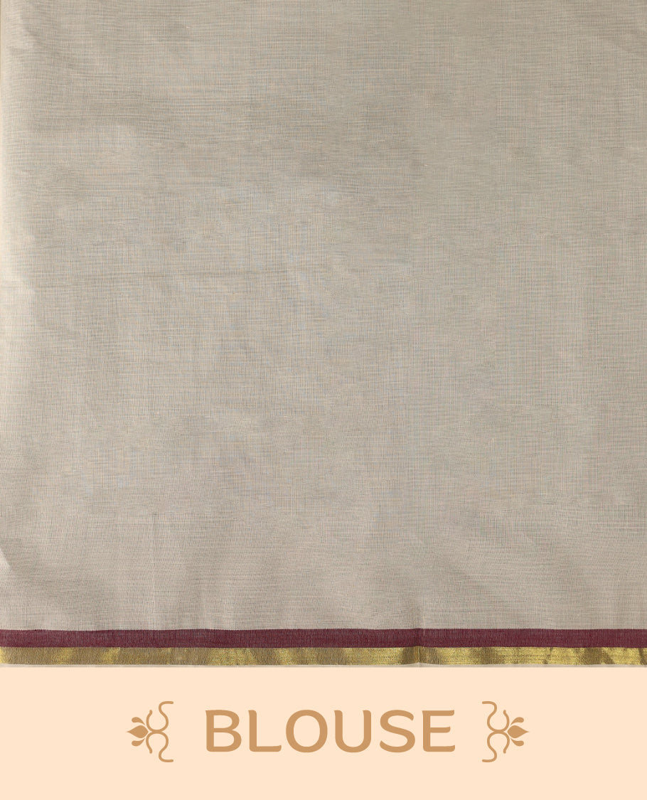 Elegant off white colour cotton Kerala saree featuring a plain body and traditional golden zari border with a hint of maroon, offering a classic and graceful look, paired with a matching blouse.