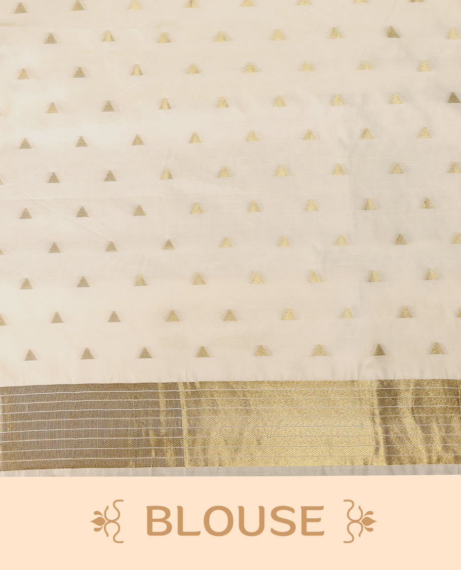 Elegant white colour soft  Tussar Kerala saree featuring Plain body, Gold kasavu Temple border, Paired with matching blouse offering a classic and graceful look