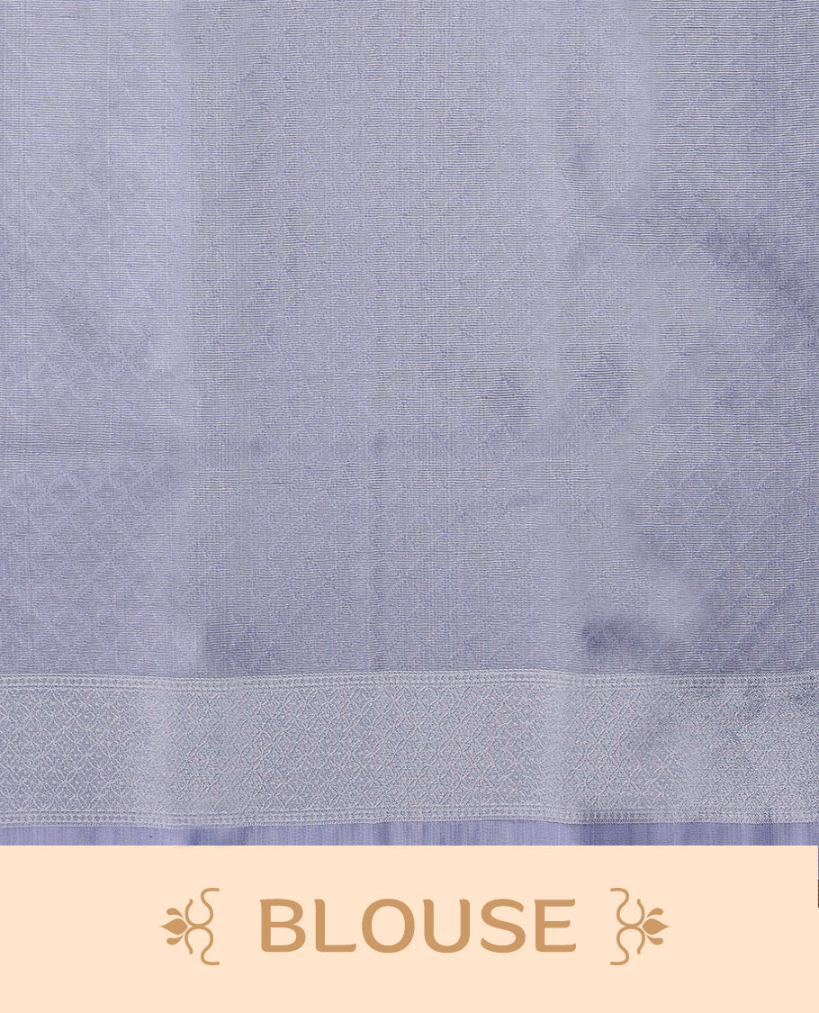 Pastel Onion coloured semi silk saree featuring a Check design on the body, paired with a Baby Blue coloured border and matching blouse.