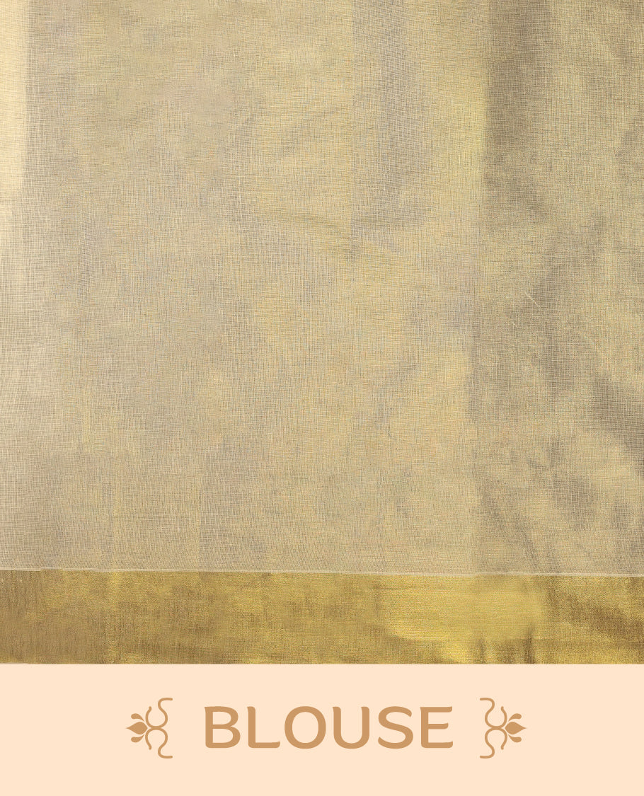 Light Gold colour Tissue Kerala saree featuring leaves Embroidery body and a beautifully woven Gold Kasavu border, paired with a matching blouse perfect for festive occasions.