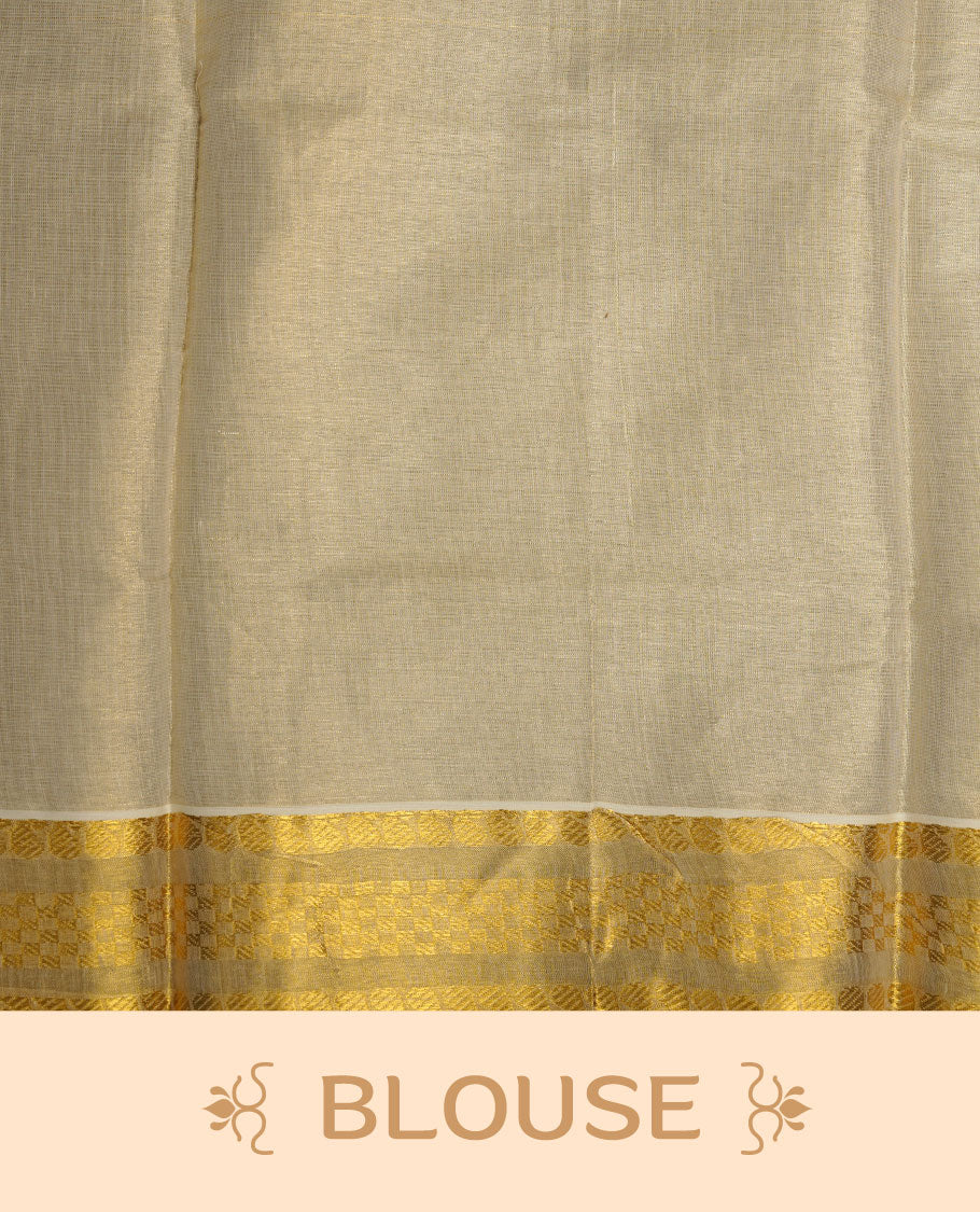 off-white Kerala saree crafted in soft tissue fabric, featuring subtle gold zari buttas across the body, a richly woven traditional pallu with intricate motifs, and a classic kasavu border, paired with a matching blouse.