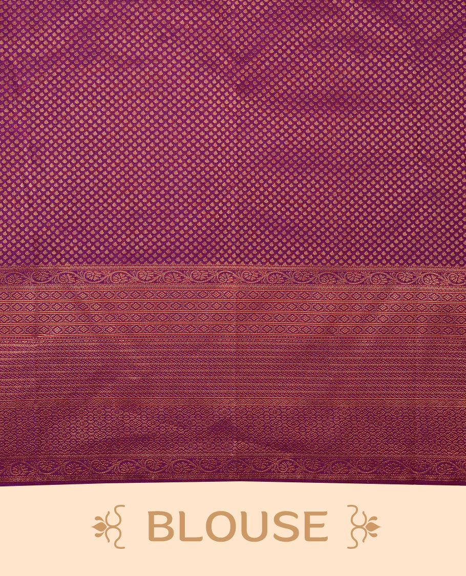 Bordeaux colour Kancheepuram saree featuring an antique zari brocade body, complemented by a traditional border and a matching blouse.