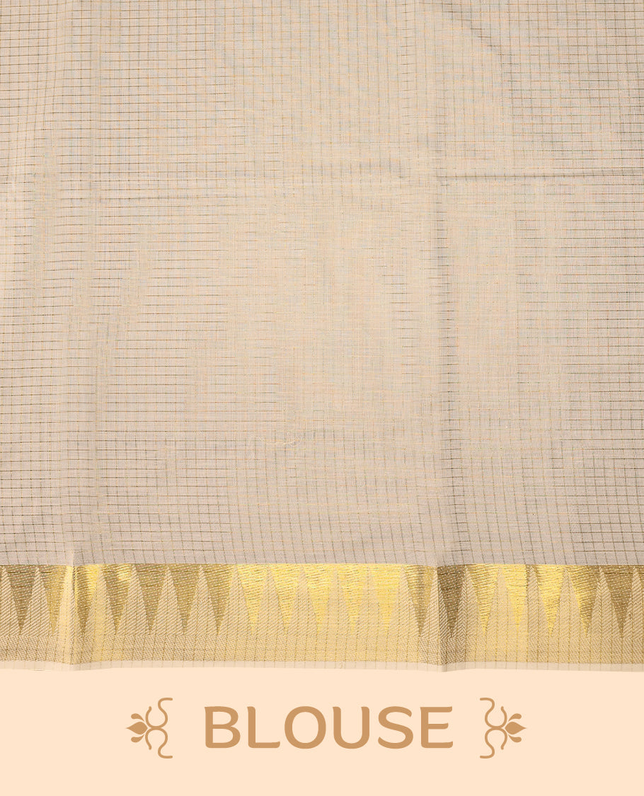 Kerala cotton saree with fine golden Checks and a 3 inch Golden lustrous zari border with Matching Blouse
