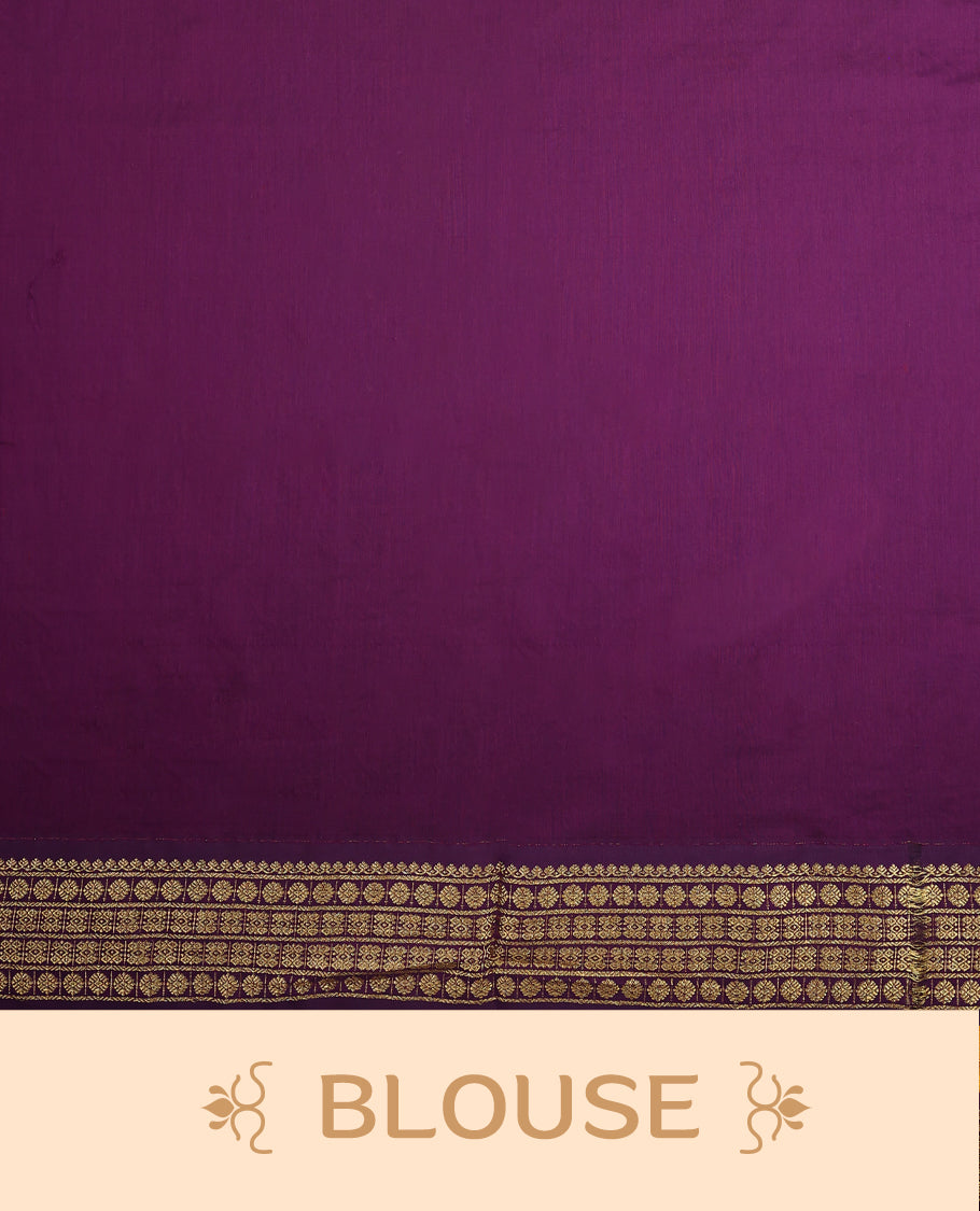 Bright Mustard colour mixed Kalyani cotton saree featuring Gold zari checks throughout the body, paired with Deep Grape colour traditional border and pallu, with matching blouse