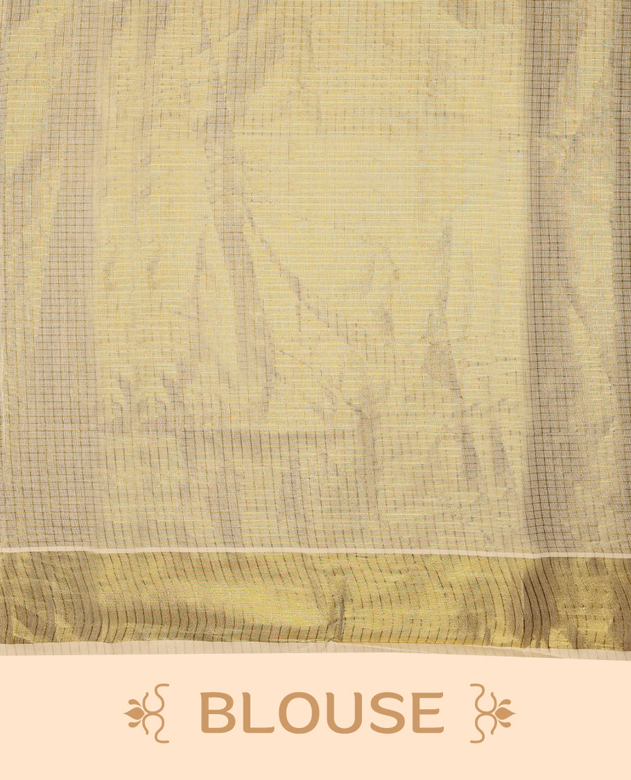 Kerala tissue saree with bright yellow floral motifs and a soft golden Border with Matching Blouse