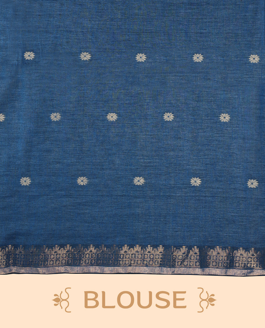 Blue colour soft khadi cotton saree with small Beige Zari Flower motifs on the body, detailed woven Gold zari border, paired pallu with tussles, with matching blouse.