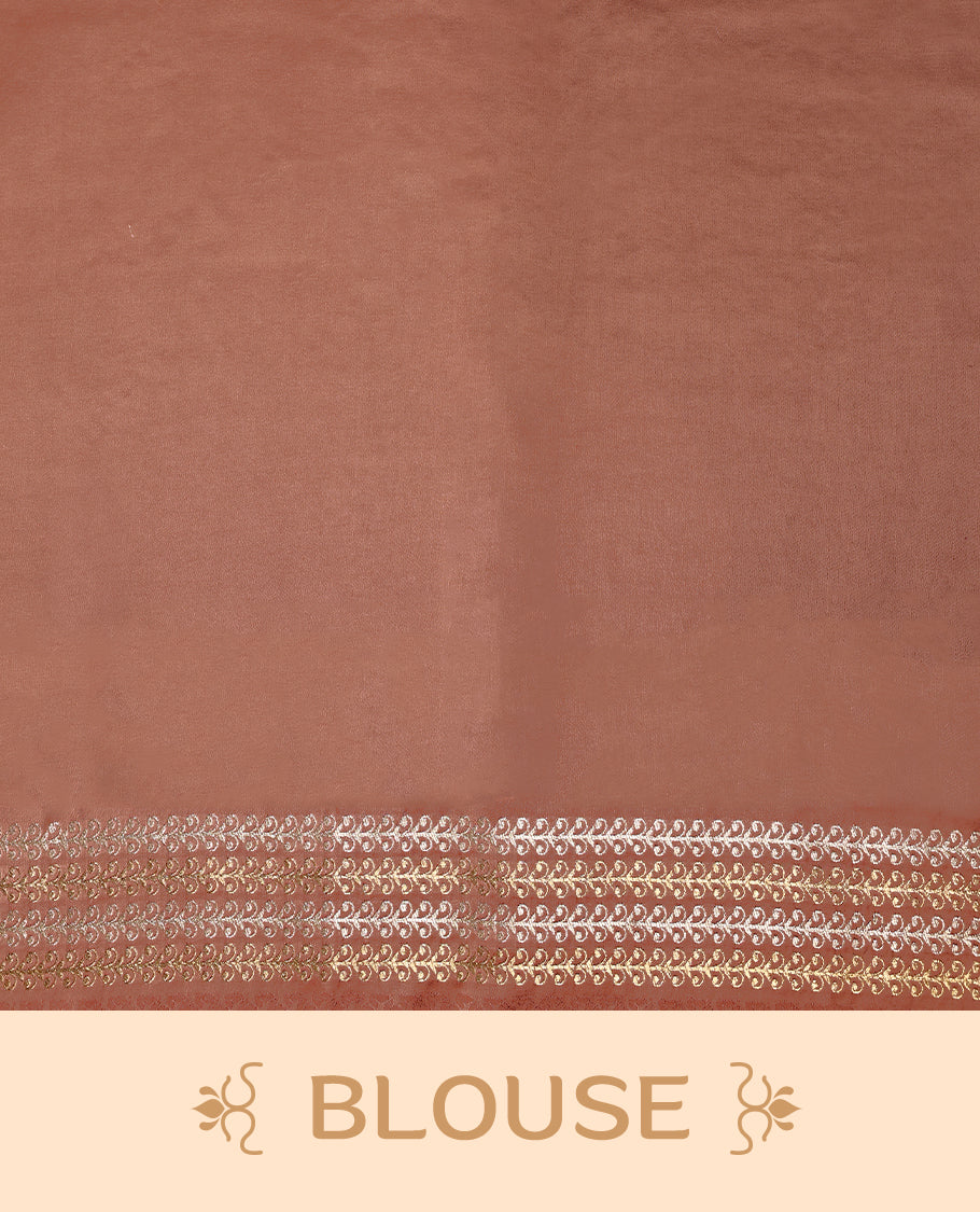 Deep Pastel Brown colour pure Banaras crepe saree showcases elegant silver zari Flower Motifs all over the body, a traditional Banarasi gold zari border, a rich intricately woven pallu, and comes with a matching blouse.