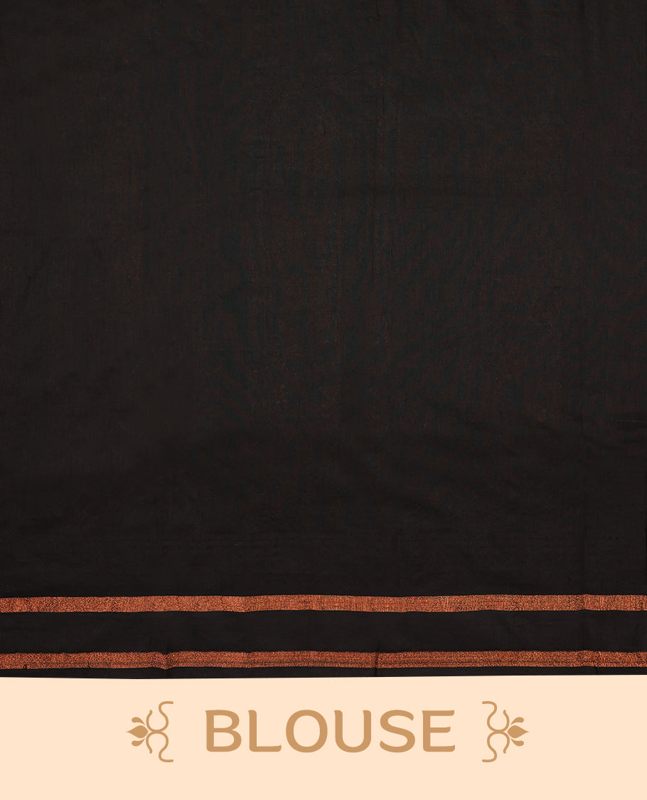 Rust Orange colour mixed Kalyani cotton saree featuring copper zari motifs throughout the body, paired with Pure Black colour traditional border and pallu, with matching blouse
