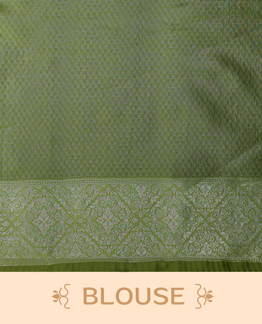 Greenish Grey coloured semi silk saree featuring a Zari design on the body, paired with a Green coloured border and matching blouse.