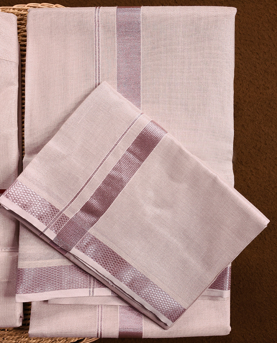 Light Rose tissue wedding shirt and dhoti set from MINISTER WHITE, adorned with a matching Rose zari border.