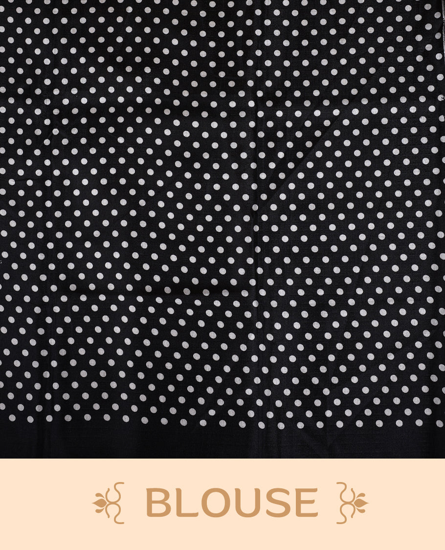 Black colour semi khadi silk saree adorned with navy blue,pink and aqua green colour bold floral motifs across the body, designed without a border for a contemporary touch, and paired with a matching blouse.