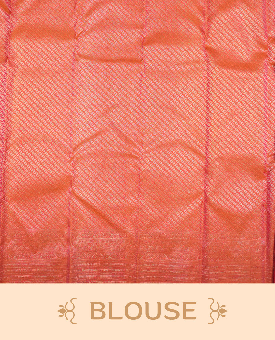 Peach pink colour Kanchipuram pattern Manthrakodi saree featuring diamond and geometric floral zari jacquard weaving design on the body, geometric self zari border and self zari jacquard blouse piece.