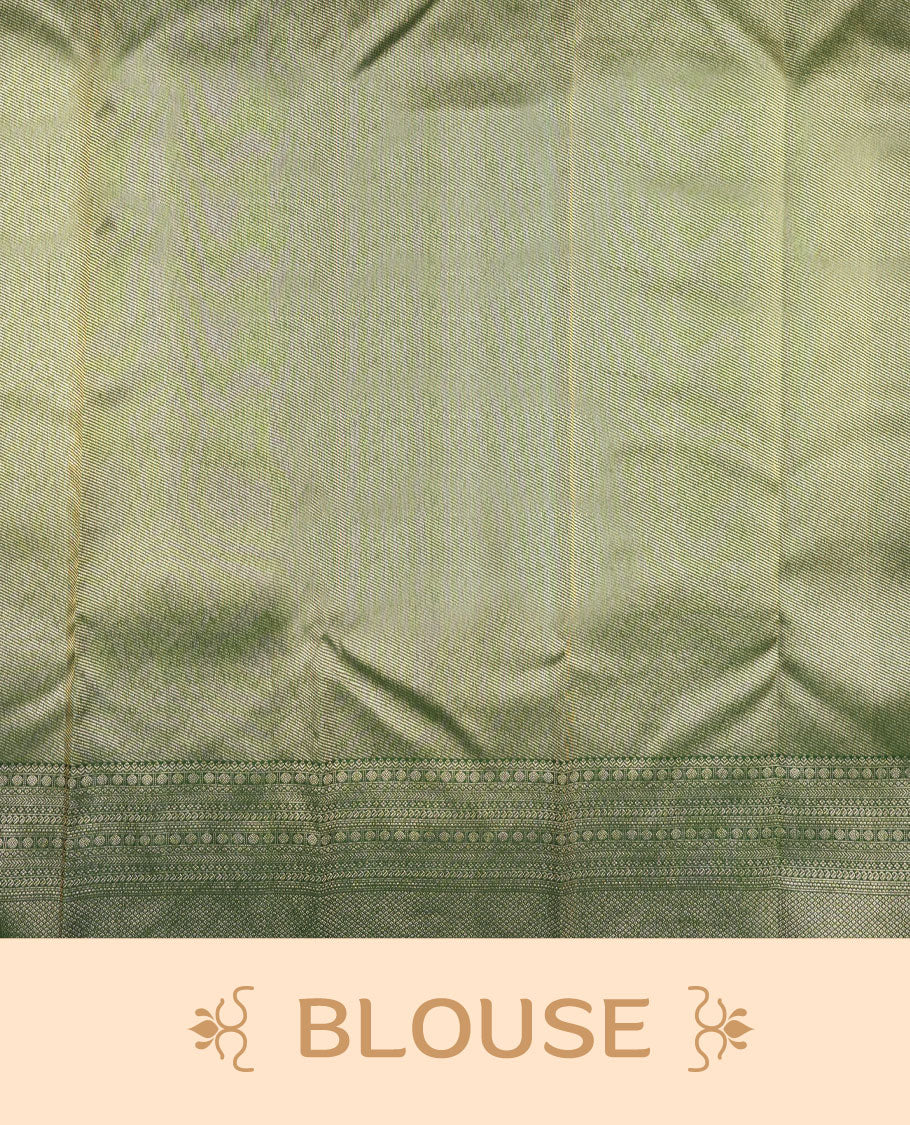 Bottle green colour Kanchipuram pattern Manthrakodi saree featuring intricate geometrical design and turning border in antique gold zari jacquard, crafted in rich Kanchipuram silk, paired with a matching jacquard blouse piece.