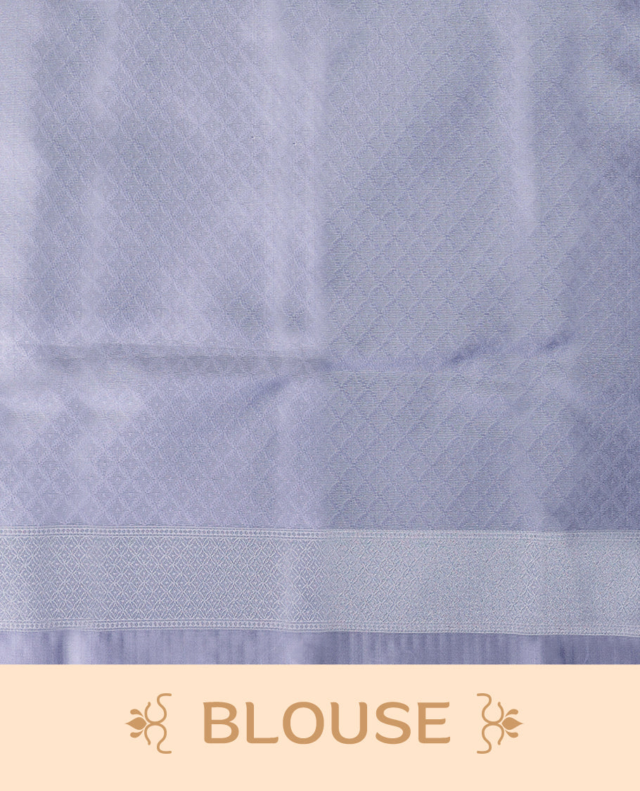 Violet coloured semi silk saree featuring a Check design on the body, paired with a Baby Blue coloured border and matching blouse.