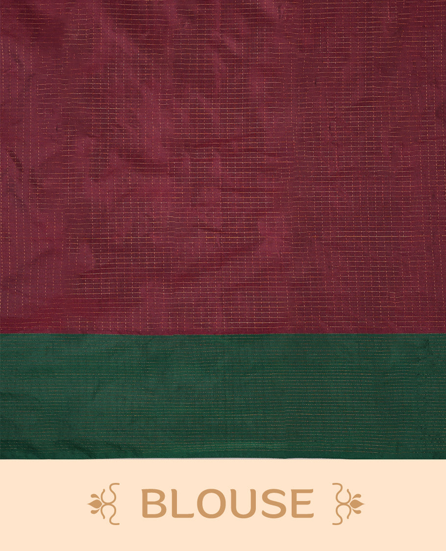 Deep Grape Colour semi silk saree features an elegant copper zari check pattern, complemented by a forest green border and a matching blouse