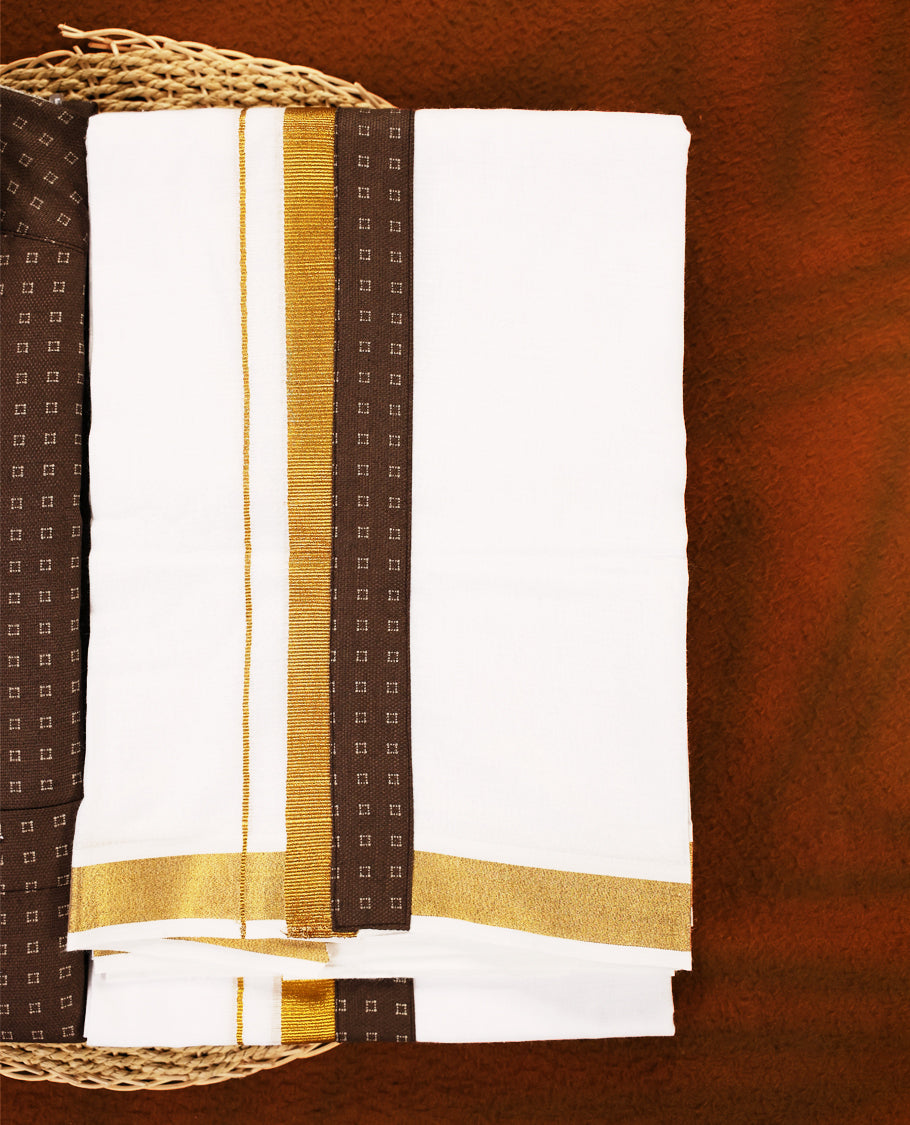 Brown colour MCR full sleeve shirt featuring all over abstract prints, paired with a white dhoti adorned with a rich golden zari kara and a matching printed border.