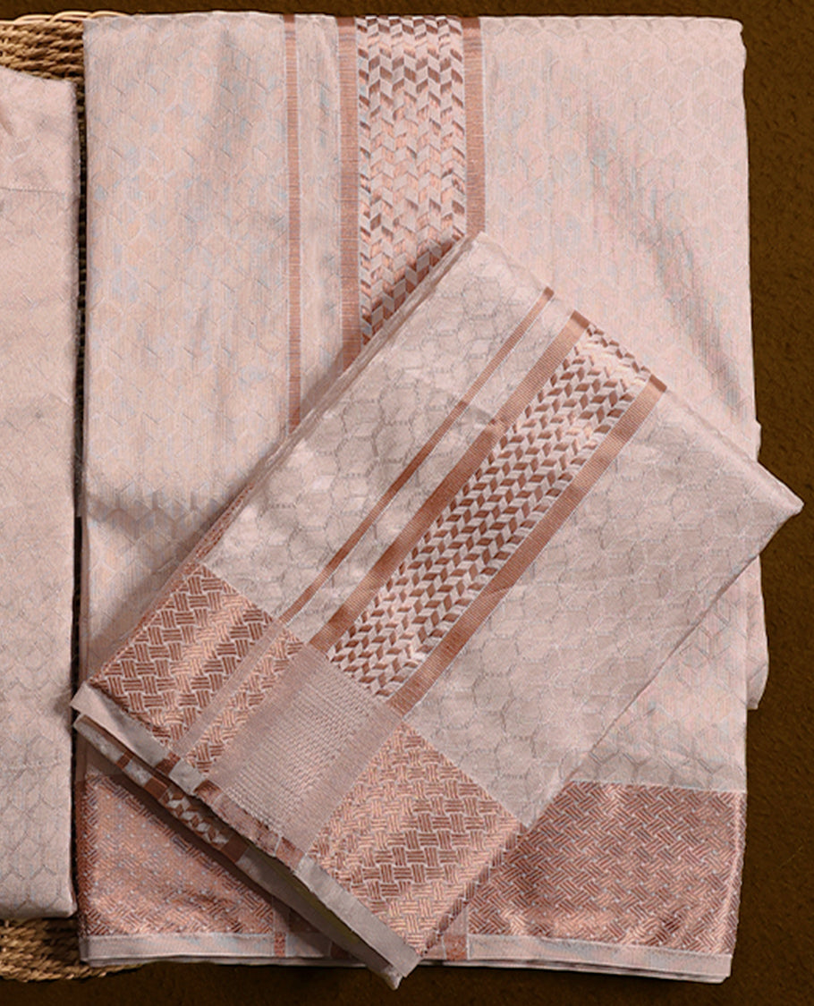 Light Copper Colour silk wedding shirt, dhoti and towel set from MINISTER WHITE made from premium fabric and featuring rich zari detailing