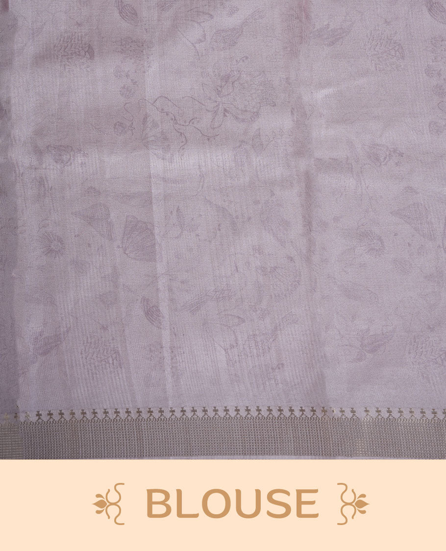 Light pink colour semi tussar silk saree featuring all over floral and leaf motifs on the body with a subtle self border and tasselled pallu, paired with a matching blouse.