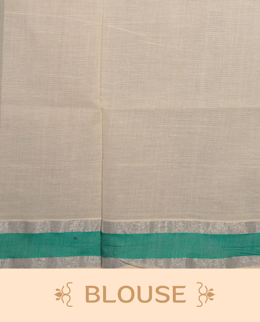 Off-white colour cotton Kerala saree featuring a crisp white body with a refreshing green kasavu border, detailed with subtle silver accents along the edges, and paired with a matching blouse.