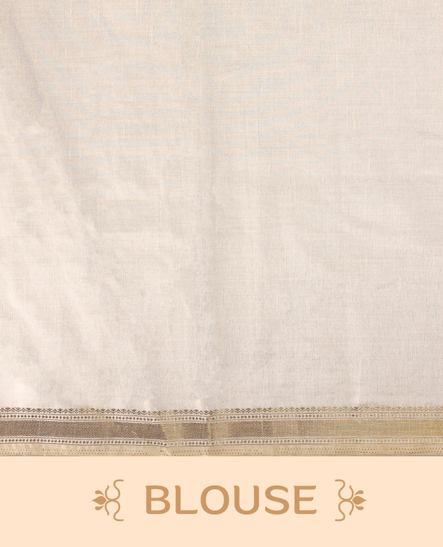 Soft Tussar saree in elegant off white shade, featuring intricate bird and branch motifs across the body, enhanced with a subtle grey golden woven border and pallu, paired with a matching blouse.