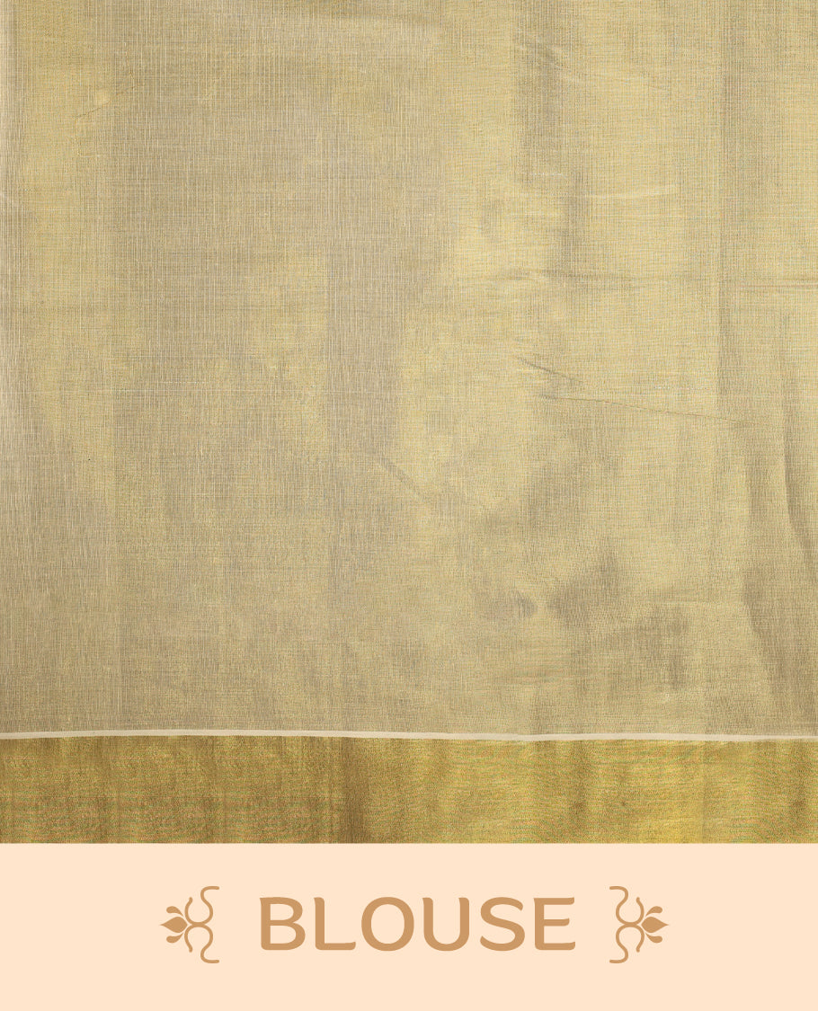 Light Gold colour Tissue Kerala saree featuring Embroidery work on body and a beautifully woven Gold Kasavu border, paired with a matching blouse perfect for festive occasions.