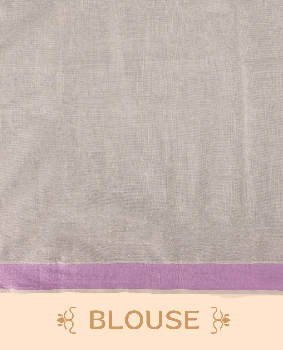 Elegant off white colour cotton Kerala saree featuring Plain body, Lavender colour border with Flower Block prints, Paired with matching blouse offering a classic and graceful look