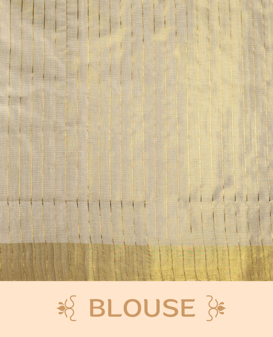 Elegant off white colour tissue Kerala saree with golden zari stripes and broad borders, Lightweight with a subtle sheen, it includes a matching blouse & perfect for weddings, rituals, and festive occasions.