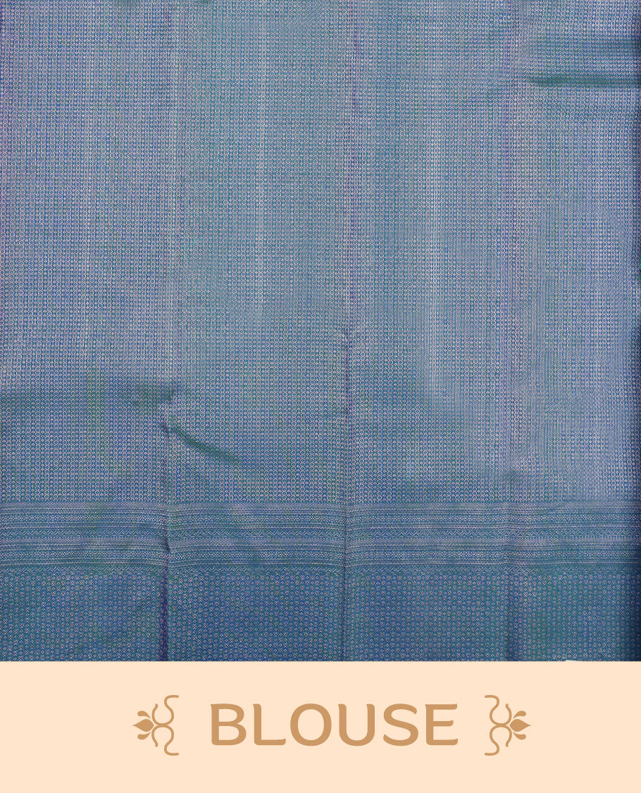 Peacock blue colour Kanchipuram pattern Manthrakodi saree featuring intricate geometric antique copper zari brocade design across the body, beautifully complemented with a matching self brocade blouse piece.