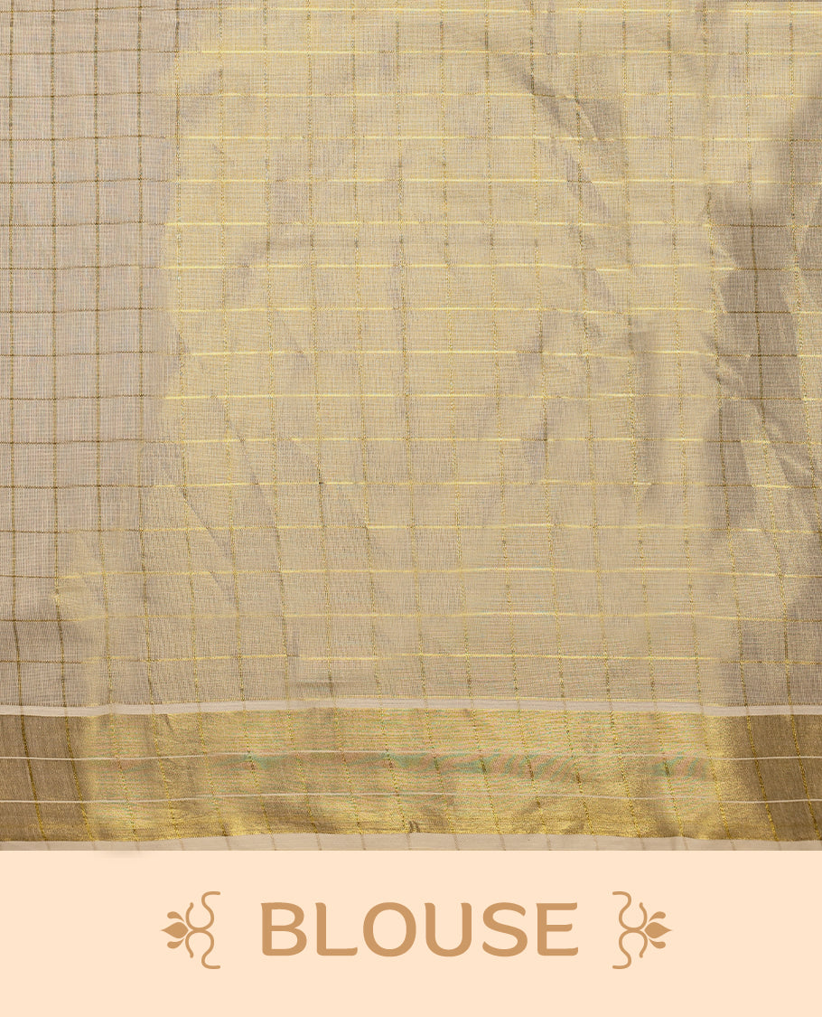 Light Gold colour Tissue Kerala saree featuring floral and peacock motifs on the body, golden zari checks, and a beautifully woven border with lotus Printed motifs, paired with a matching blouse perfect for festive occasions.