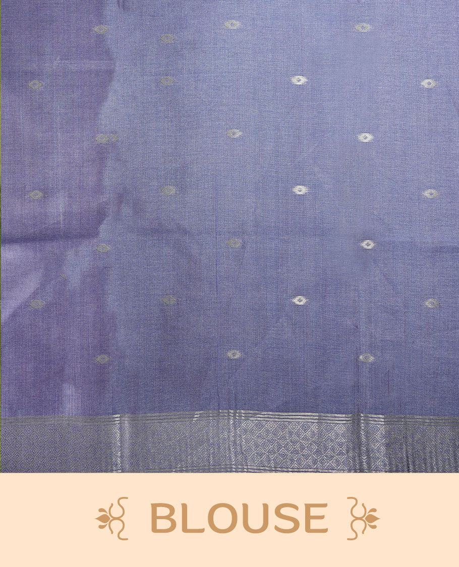 Gray Blue colour semi tussar Banarasi saree featuring printed parrot and floral motifs, gray blue zari border, and a matching blouse with woven accents.