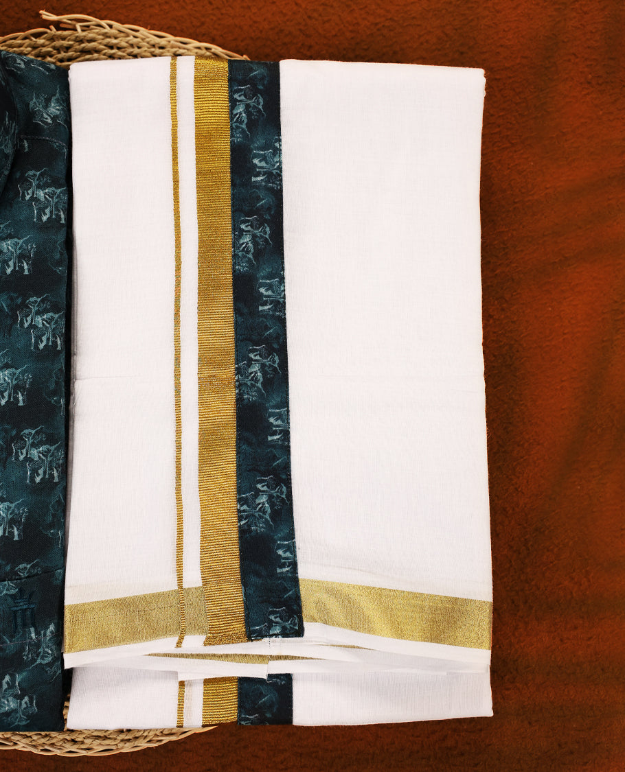 Deep teal green colour MCR full sleeve shirt featuring all over abstract prints, paired with a white dhoti adorned with a rich golden zari kara and a matching deep teal printed border.