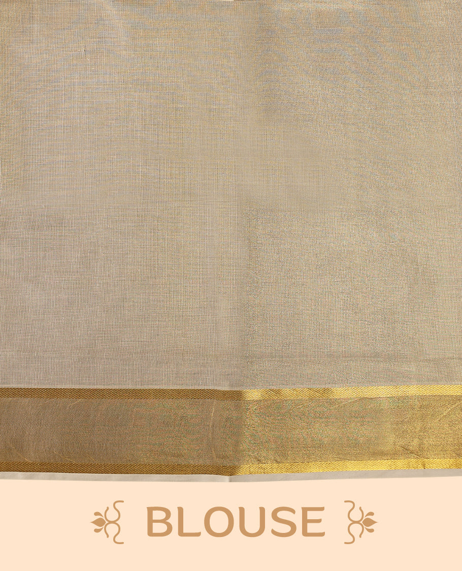 Elegant Light Gold colour Tissue Kerala saree featuring Gold Zari Motifs on body, traditional golden zari kasavu border with Floral Motifs & Rich Pallu offering a classic and graceful look, paired with a matching blouse.