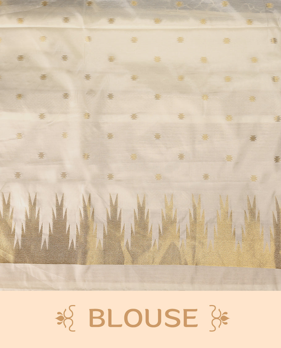 Elegant white colour sotf Tussar Kerala saree featuring Plain body, Gold kasavu Rich Temple border, Paired with matching blouse offering a classic and graceful look