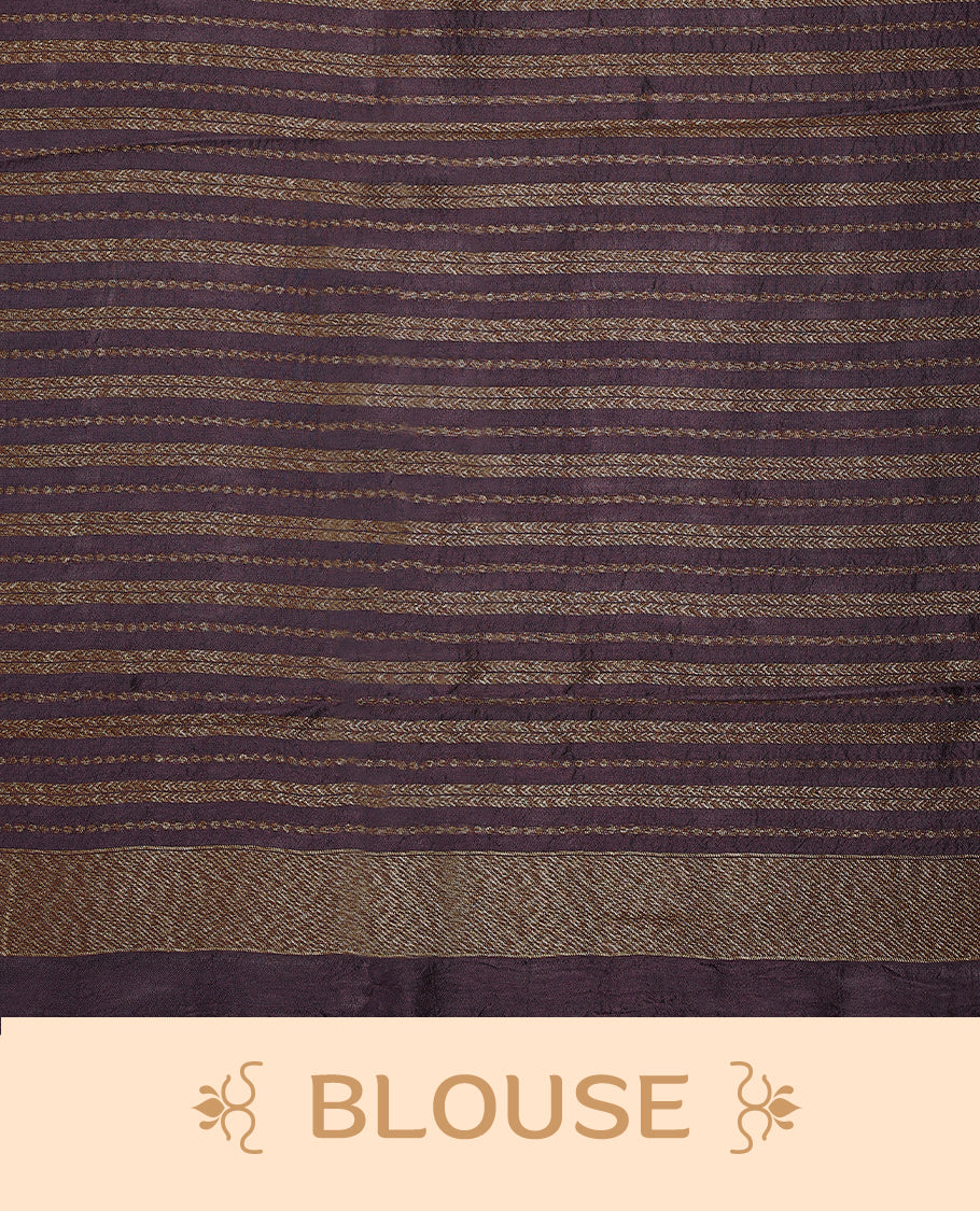 Black Currant semi-Banaras tussar georgette saree adorned with antique zari floral motifs on the body, beautifully highlighted with a pencil art garden-inspired border, paired with a matching blouse.