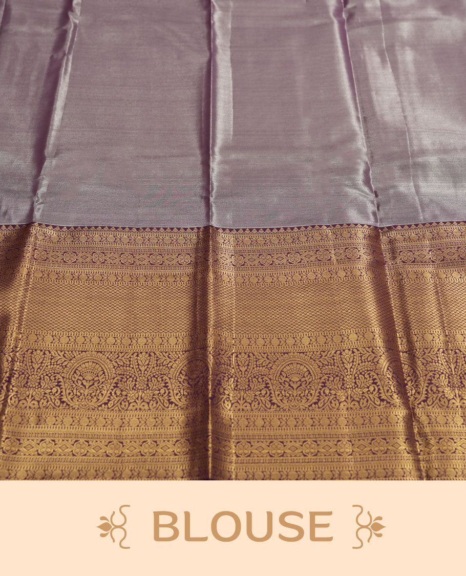 Faded blue colour and Antique gold Zari Tissue Brocade Saree features intricate check and bird Motifs on body and rich violet colour border & pallu with traditional patterns paired with contrast blouse