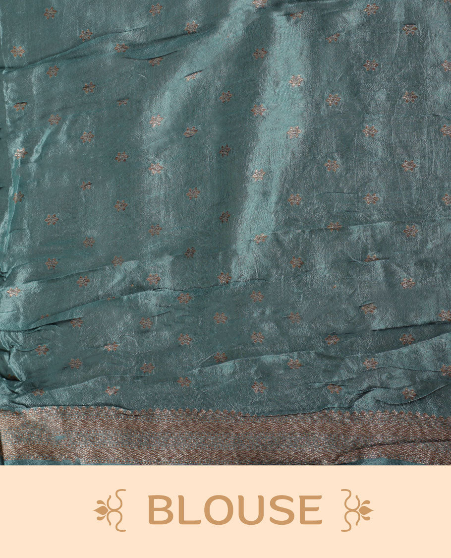 Blue Green colour Banarasi Bandhani silk saree featuring with intricate Banarasi motifs on body, complemented by antique zari woven border and grand pallu, paired with matching blouse