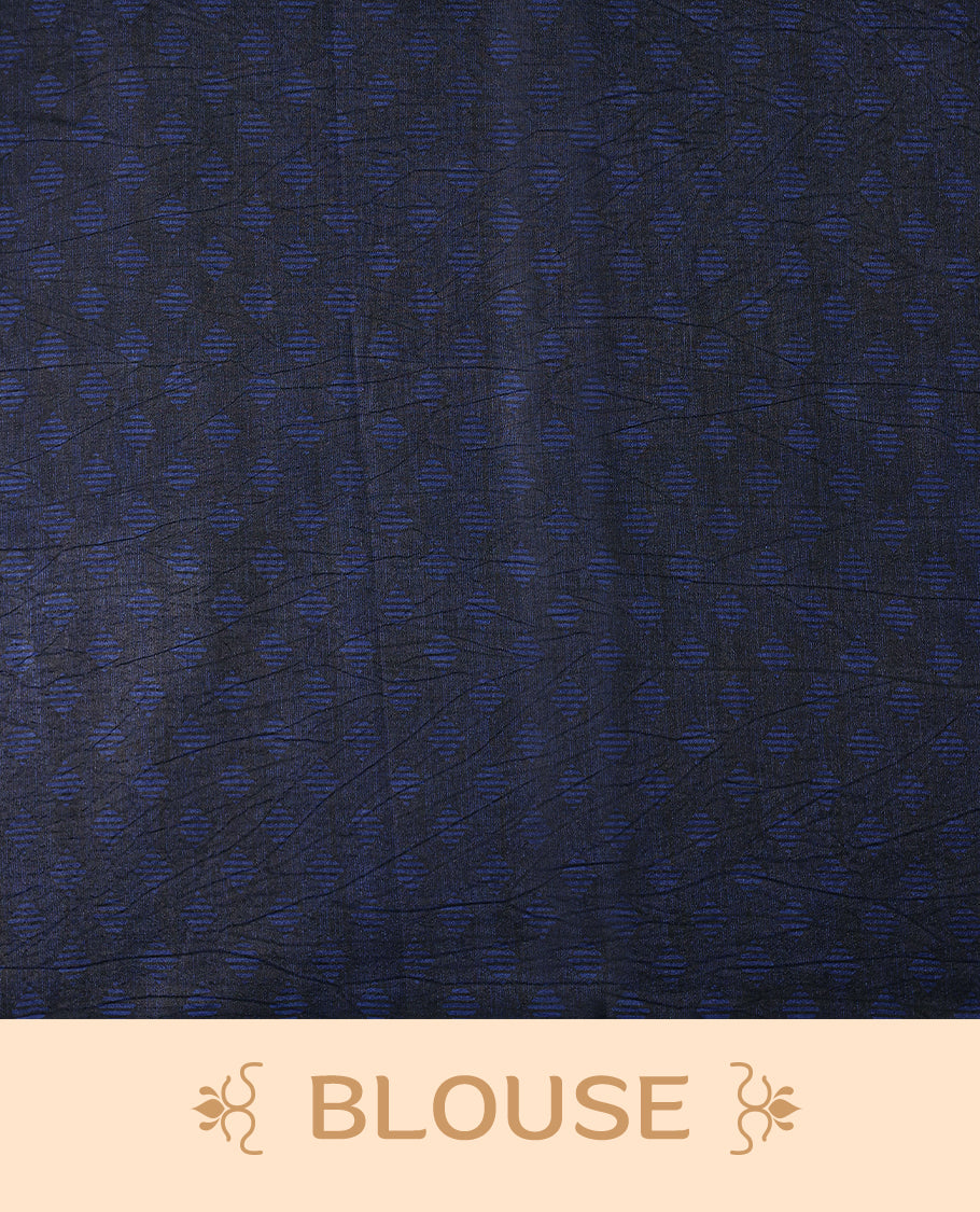 Navy blue colour Manipuri saree adorned with oversized turquoise and teal floral prints, crafted in a smooth finish with a clean, borderless silhouette and a matching blouse.
