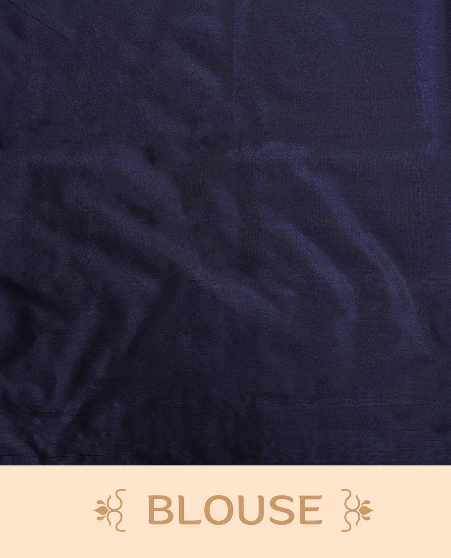 Mustard colour semi soft silk saree adorned with delicate woven floral kodi motifs on the body, complemented by a contrast navy blue colour woven pallu with intricate detailing and tassel accents without border & Comes with a matching blouse piece.