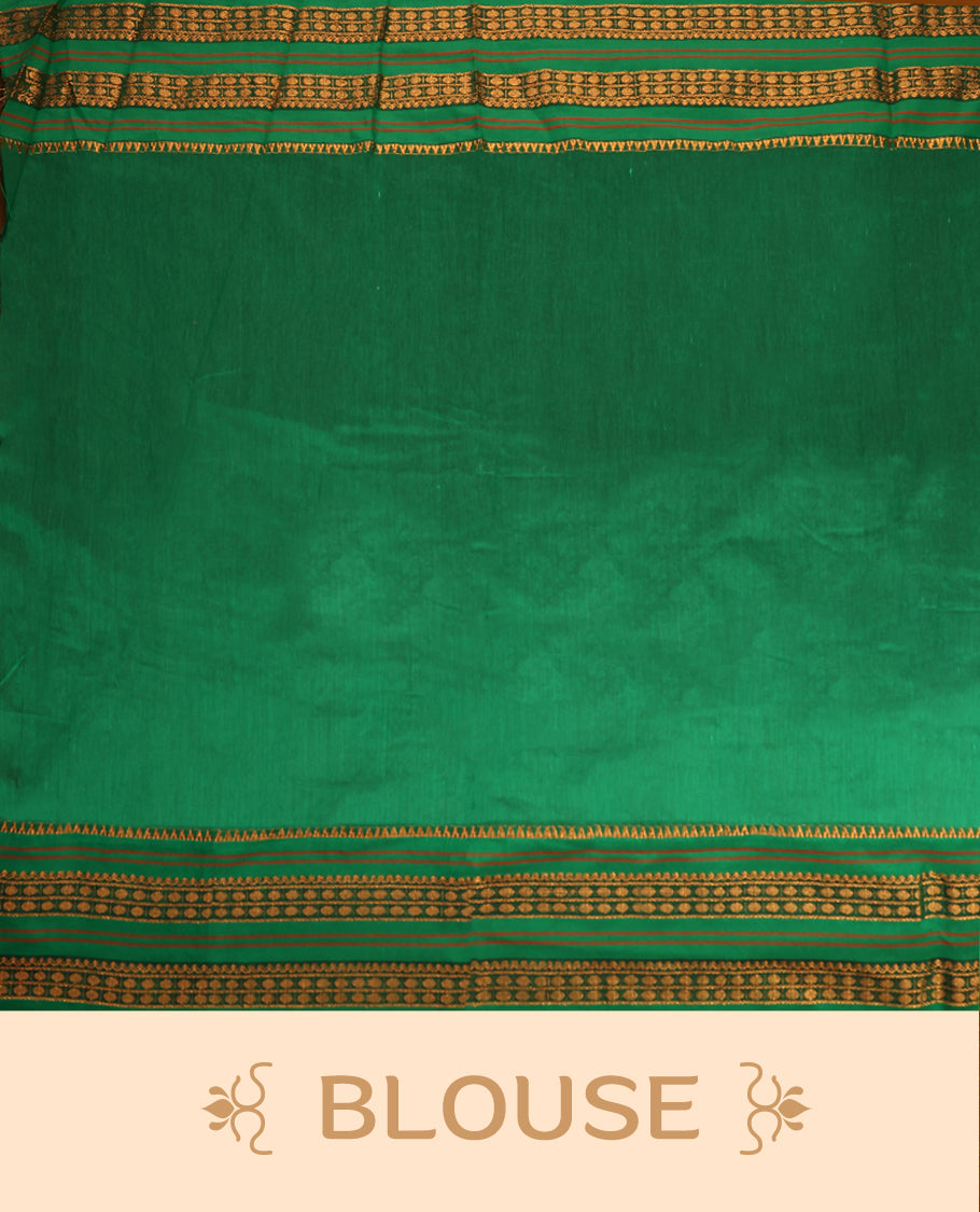 Warm olive and Green Kalyani cotton saree adorned with delicate woven buttas on the body, complemented by intricate zari woven border and pallu in green, paired with a matching blouse