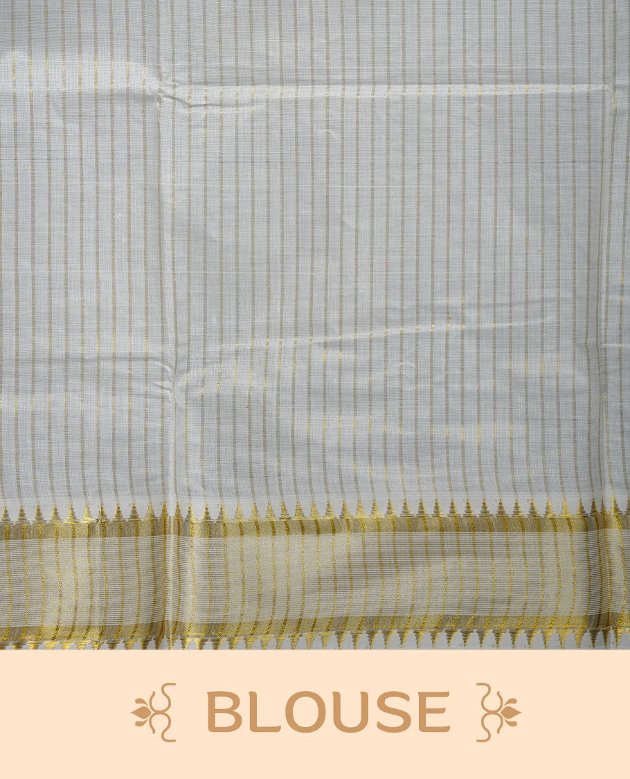Off white colour cotton Kerala saree featuring fine golden striped motifs, complemented by a classic golden zari border and traditional pallu, paired with a matching blouse.